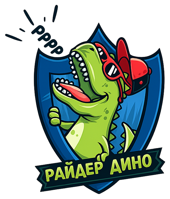 Логотип Райдер Дино — динозаврик на щите